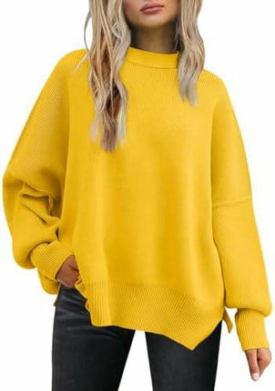 Women's Crew Neck Batwing Sleeve Sweater Ribbed Knit Side Slit Pullover Top