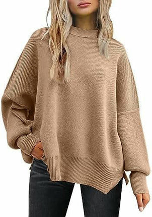 Women's Crew Neck Batwing Sleeve Sweater Ribbed Knit Side Slit Pullover Top 1