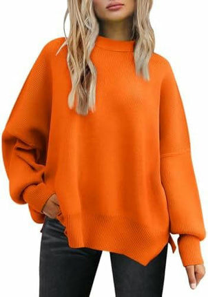 Women's Crew Neck Batwing Sleeve Sweater Ribbed Knit Side Slit Pullover Top 1