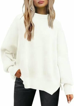 Women's Crew Neck Batwing Sleeve Sweater Ribbed Knit Side Slit Pullover Top 1