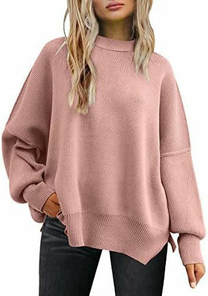 Women's Crew Neck Batwing Sleeve Sweater Ribbed Knit Side Slit Pullover Top