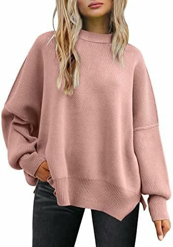 Women's Crew Neck Batwing Sleeve Sweater Ribbed Knit Side Slit Pullover Top