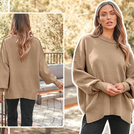 Women's Crew Neck Batwing Sleeve Sweater Ribbed Knit Side Slit Pullover Top