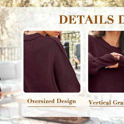 Women's Crew Neck Batwing Sleeve Sweater Ribbed Knit Side Slit Pullover Top