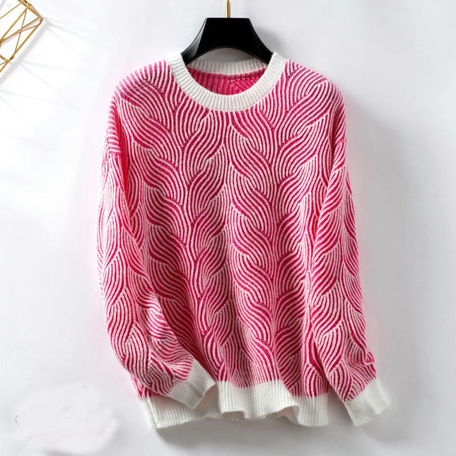 Womens Casual Striped Sweater Loose Long Sleeve Contrast Color Pullover Cardigan
