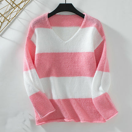 Women Striped Knit Sweaters Drop Shoulder Color Block Long Sleeve Loose Fit Pullover Tops
