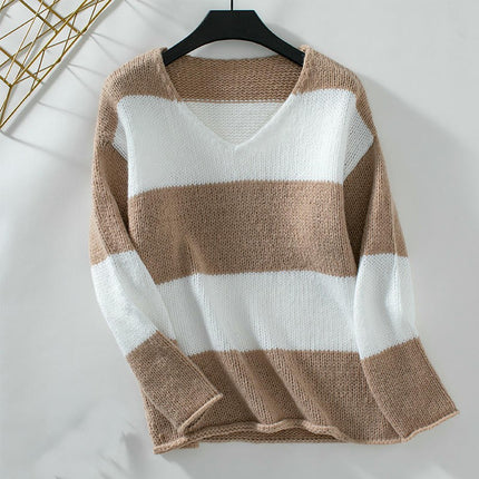 Women Striped Knit Sweaters Drop Shoulder Color Block Long Sleeve Loose Fit Pullover Tops
