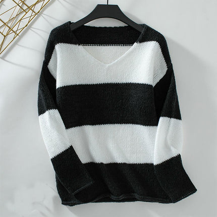 Women Striped Knit Sweaters Drop Shoulder Color Block Long Sleeve Loose Fit Pullover Tops