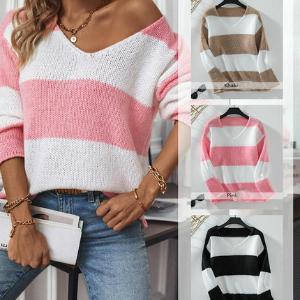 Women Striped Knit Sweaters Drop Shoulder Color Block Long Sleeve Loose Fit Pullover Tops