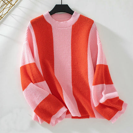 Women Round Neck Striped Knit Sweaters Color Block Long Sleeve Loose Pullover Tops