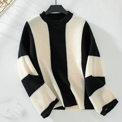 Women Round Neck Striped Knit Sweaters Color Block Long Sleeve Loose Pullover Tops