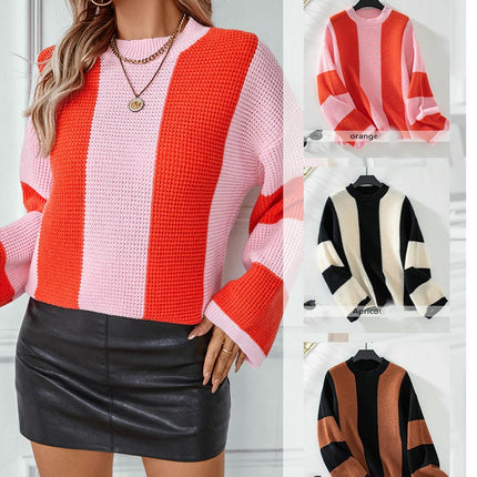 Women Round Neck Striped Knit Sweaters Color Block Long Sleeve Loose Pullover Tops