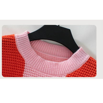 Women Round Neck Striped Knit Sweaters Color Block Long Sleeve Loose Pullover Tops