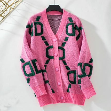 Women's Knitted Cardigan Jacket Letter Printed Mid-Length Button Sweater