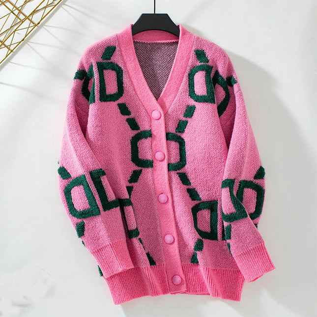Women's Knitted Cardigan Jacket Letter Printed Mid-Length Button Sweater