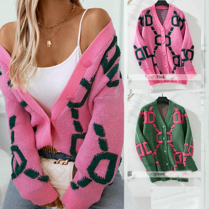 Women's Knitted Cardigan Jacket Letter Printed Mid-Length Button Sweater