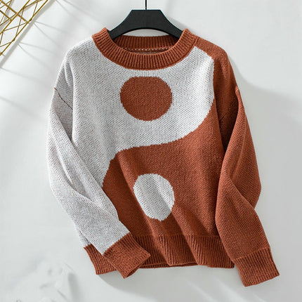 Women's Knitted Sweater Contrast Colors Long Sleeve Crew Neck Pullover Sweater
