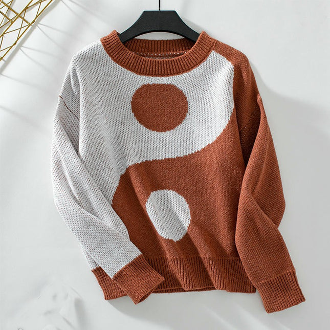 Women's Knitted Sweater Contrast Colors Long Sleeve Crew Neck Pullover Sweater
