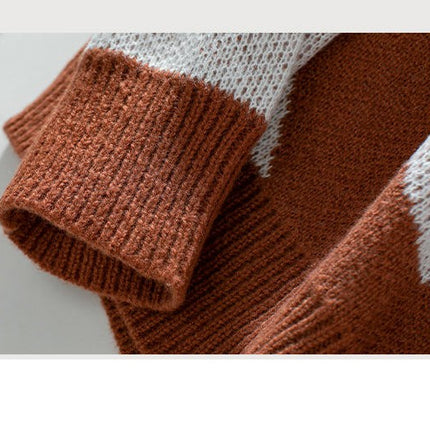 Women's Knitted Sweater Contrast Colors Long Sleeve Crew Neck Pullover Sweater