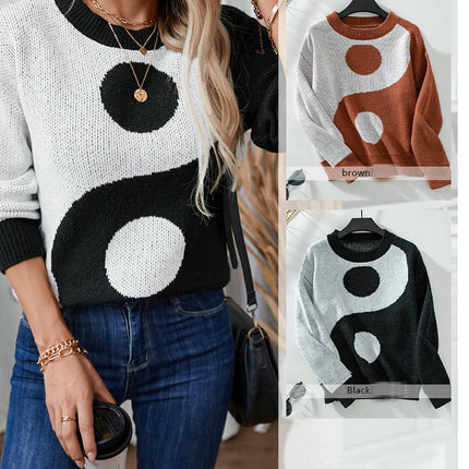 Women's Knitted Sweater Contrast Colors Long Sleeve Crew Neck Pullover Sweater