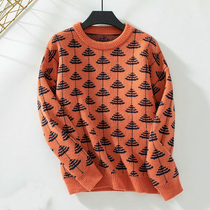 Women's Jacquard Pullover Winter Loose Round Neck Long Sleeve Knit Cardigan