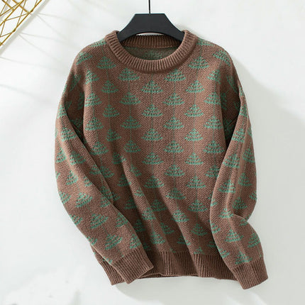 Women's Jacquard Pullover Winter Loose Round Neck Long Sleeve Knit Cardigan