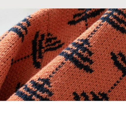 Women's Jacquard Pullover Winter Loose Round Neck Long Sleeve Knit Cardigan