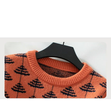 Women's Jacquard Pullover Winter Loose Round Neck Long Sleeve Knit Cardigan