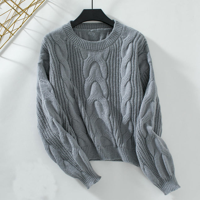 Women's Solid Color Cable Knit Sweater - Long Sleeve Loose Vintage Sweater