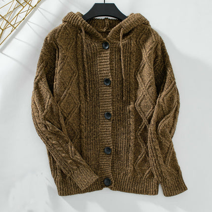 Women's Hooded Drawstring Cardigan Long Sleeve Button Chunky Knit Sweater Jacket