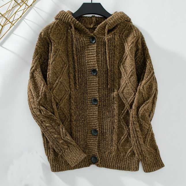 Women's Hooded Drawstring Cardigan Long Sleeve Button Chunky Knit Sweater Jacket