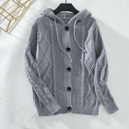 Women's Hooded Drawstring Cardigan Long Sleeve Button Chunky Knit Sweater Jacket