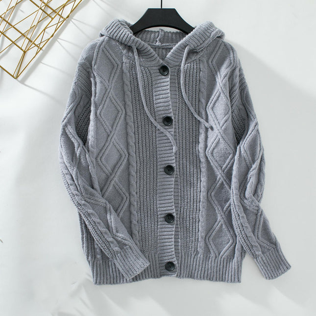Women's Hooded Drawstring Cardigan Long Sleeve Button Chunky Knit Sweater Jacket