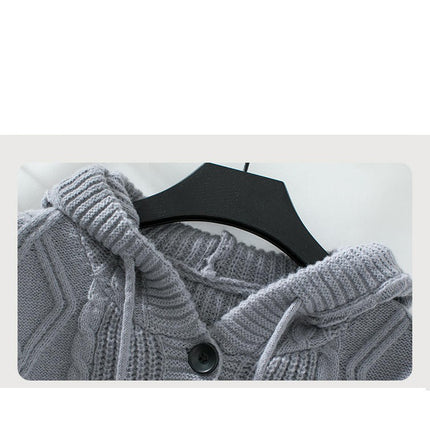 Women's Hooded Drawstring Cardigan Long Sleeve Button Chunky Knit Sweater Jacket