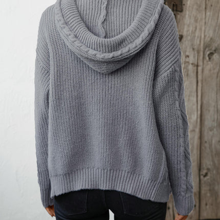 Women's Hooded Drawstring Cardigan Long Sleeve Button Chunky Knit Sweater Jacket