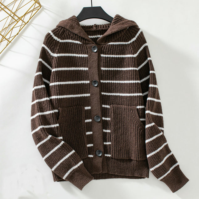 Women's Striped Hooded Cardigan Long Sleeve Button Knit Sweater with Pockets