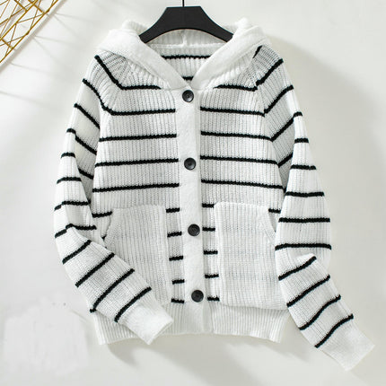 Women's Striped Hooded Cardigan Long Sleeve Button Knit Sweater with Pockets