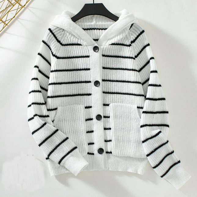 Women's Striped Hooded Cardigan Long Sleeve Button Knit Sweater with Pockets