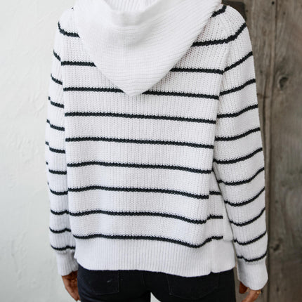 Women's Striped Hooded Cardigan Long Sleeve Button Knit Sweater with Pockets