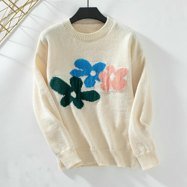 Women's Casual Floral Round Neck Pullover Long Sleeve Cable Knit Cardigan
