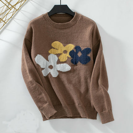 Women's Casual Floral Round Neck Pullover Long Sleeve Cable Knit Cardigan