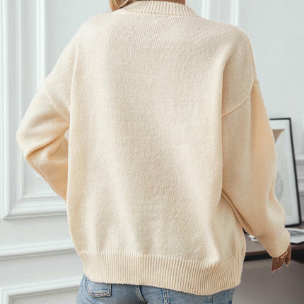 Women's Casual Floral Round Neck Pullover Long Sleeve Cable Knit Cardigan