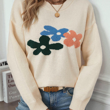 Women's Casual Floral Round Neck Pullover Long Sleeve Cable Knit Cardigan