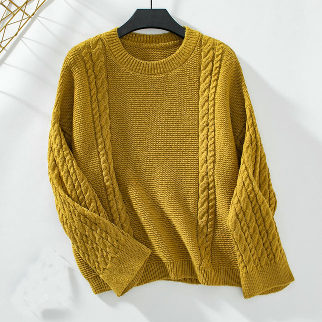 Women's Casual Solid Color Round Neck Pullover Long Sleeve Cable Knit Sweater