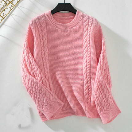 Women's Casual Solid Color Round Neck Pullover Long Sleeve Cable Knit Sweater