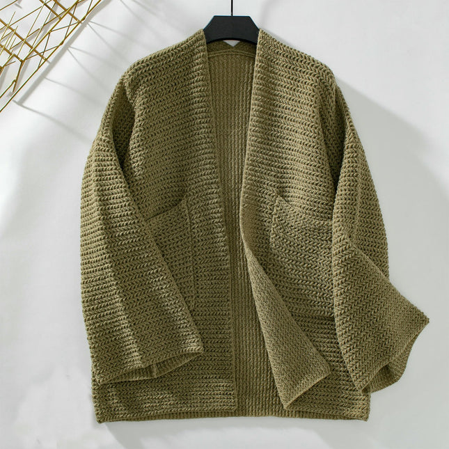 Women's Solid Color Knitted Cardigan Sweater Casual Bell Sleeve Pocket Coat