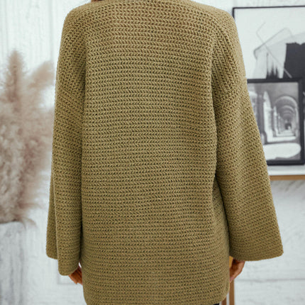 Women's Solid Color Knitted Cardigan Sweater Casual Bell Sleeve Pocket Coat
