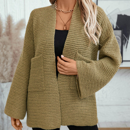 Women's Solid Color Knitted Cardigan Sweater Casual Bell Sleeve Pocket Coat