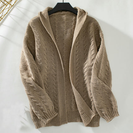 Women's Hooded Knitted Cardigan Casual Loose Long Sleeve Sweater Jacket