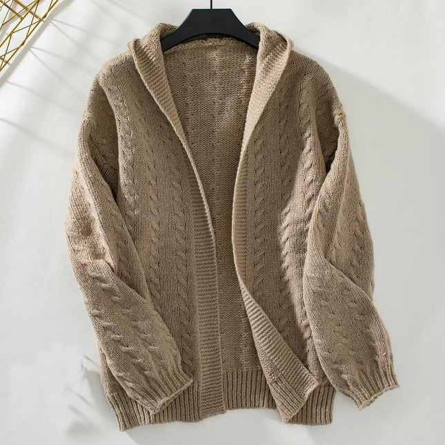 Women's Hooded Knitted Cardigan Casual Loose Long Sleeve Sweater Jacket